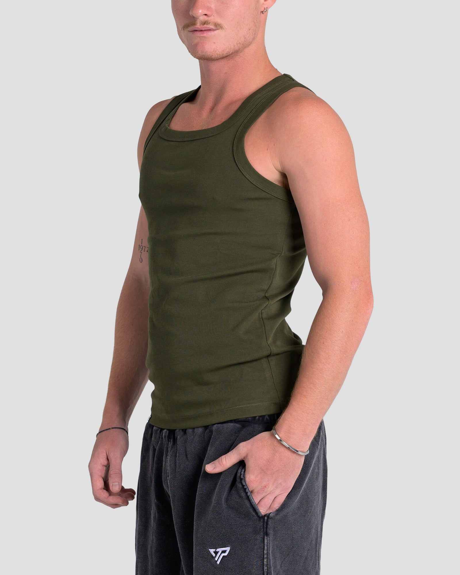MEN'S KTP SQUARED NECK RIBBED TANK - KHAKI GREEN